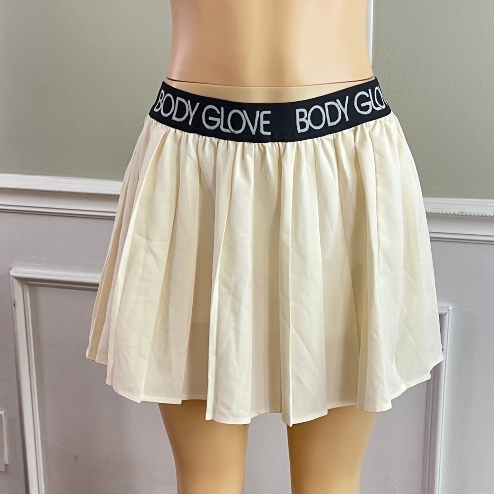 Body Glove Pleated Skort‎ Womens Large Cream Logo Waistband Tennis Athletic Mini